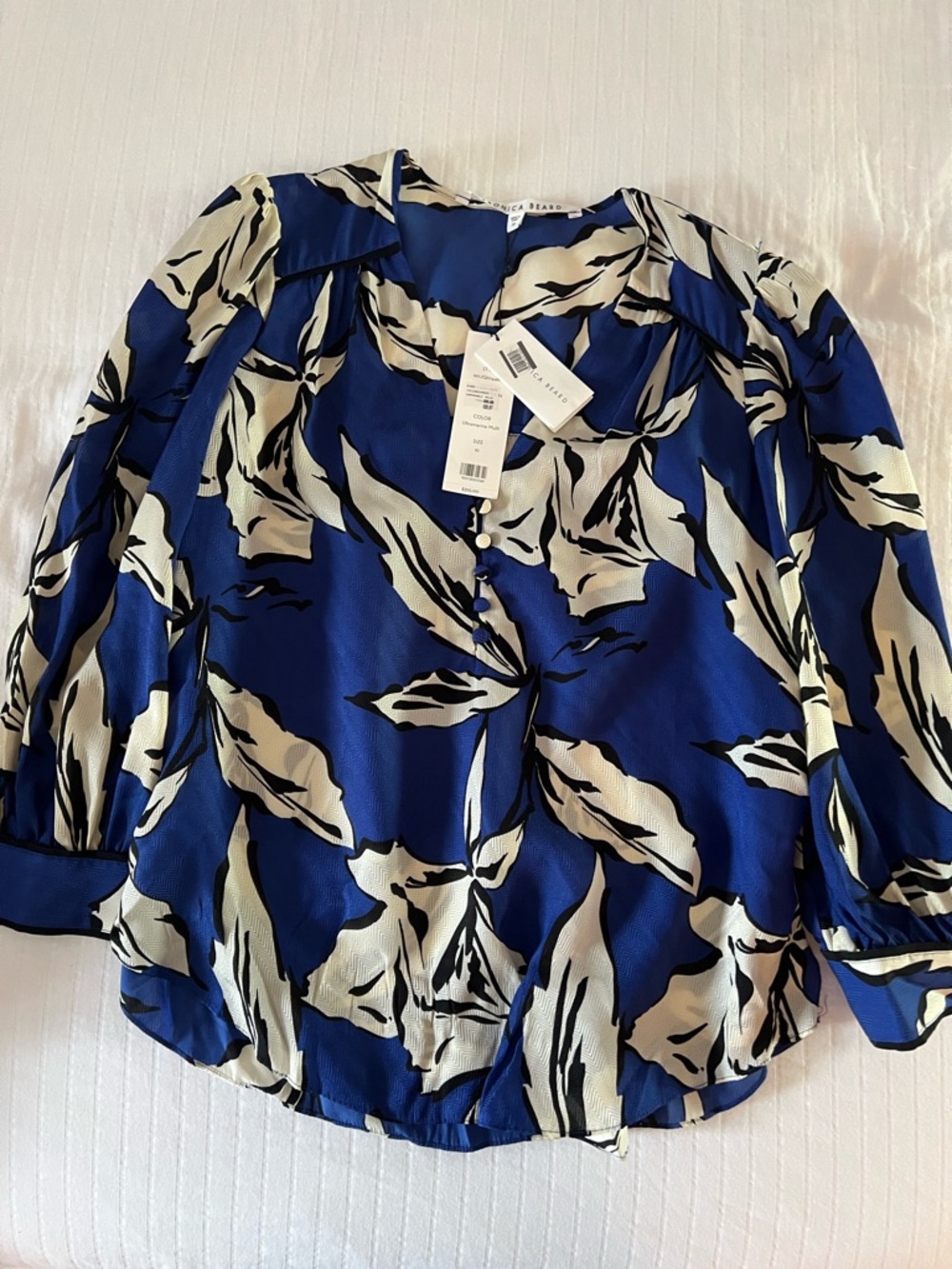 Veronica Beard Royal Blue and Cream Floral V-Neck Blouse